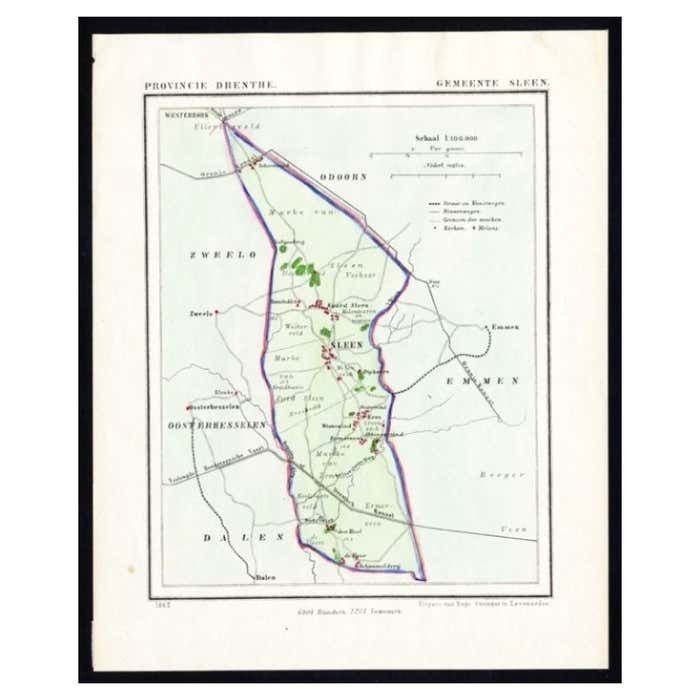 Antique Map Of The Township Of Sleen In The Netherlands 1865