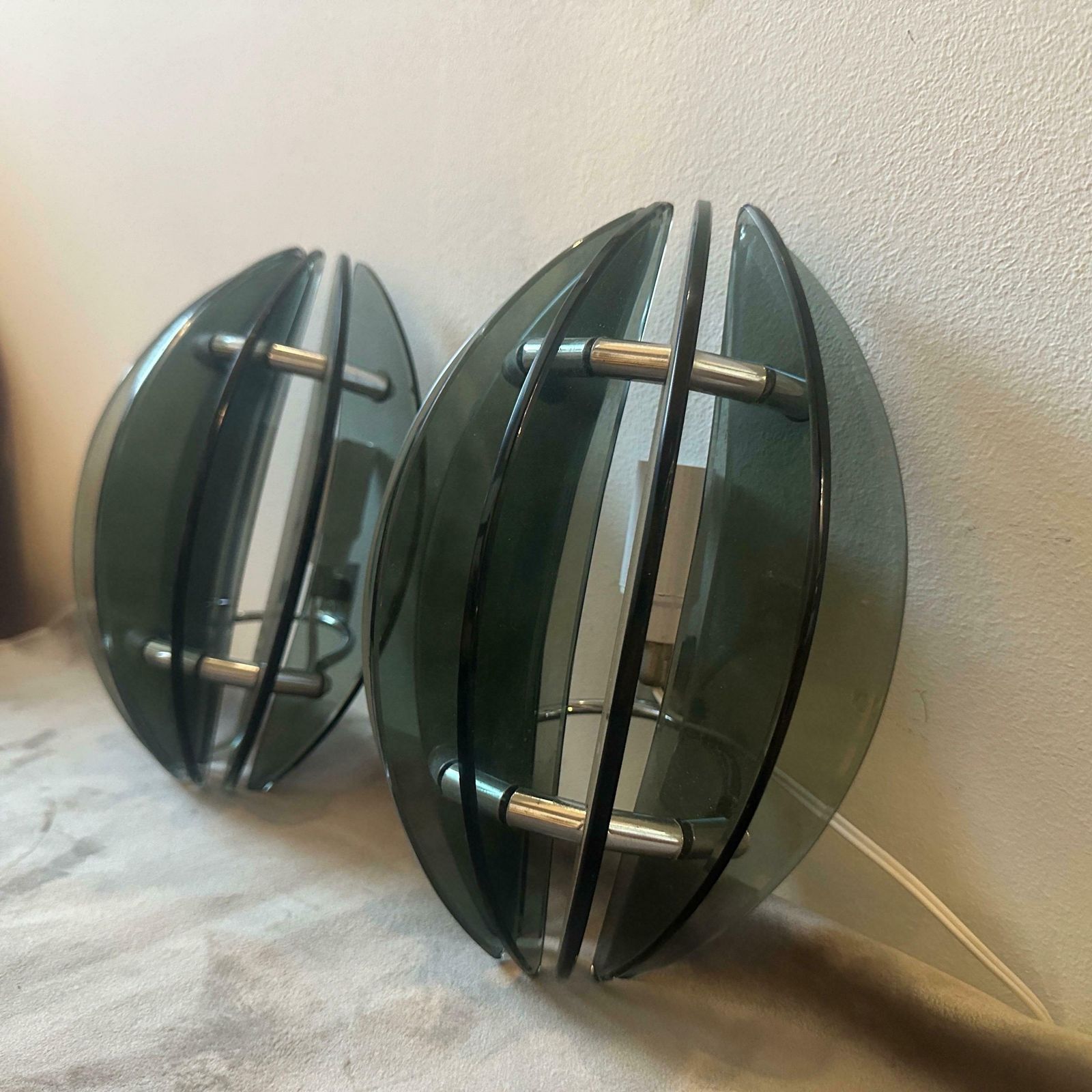 Set Of Two 1970s Space Age Glass And Chromed Metal Italian Wall Sconces By Veca photo furniture