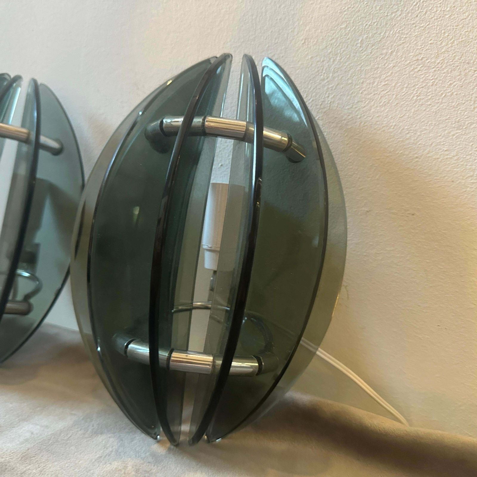 Set Of Two 1970s Space Age Glass And Chromed Metal Italian Wall Sconces By Veca photo for sale