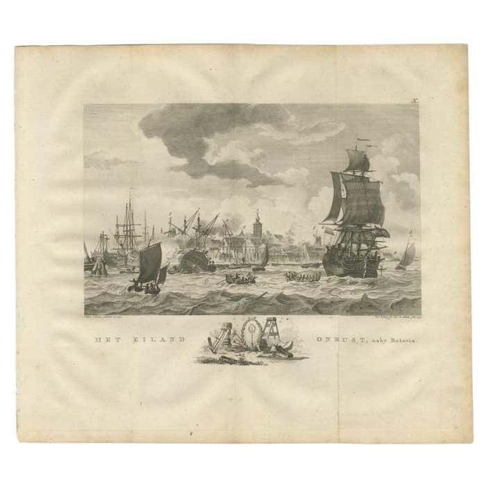 Antique Print Of Ships Near Onrust Island Near Jakarta, Indonesia, 1779