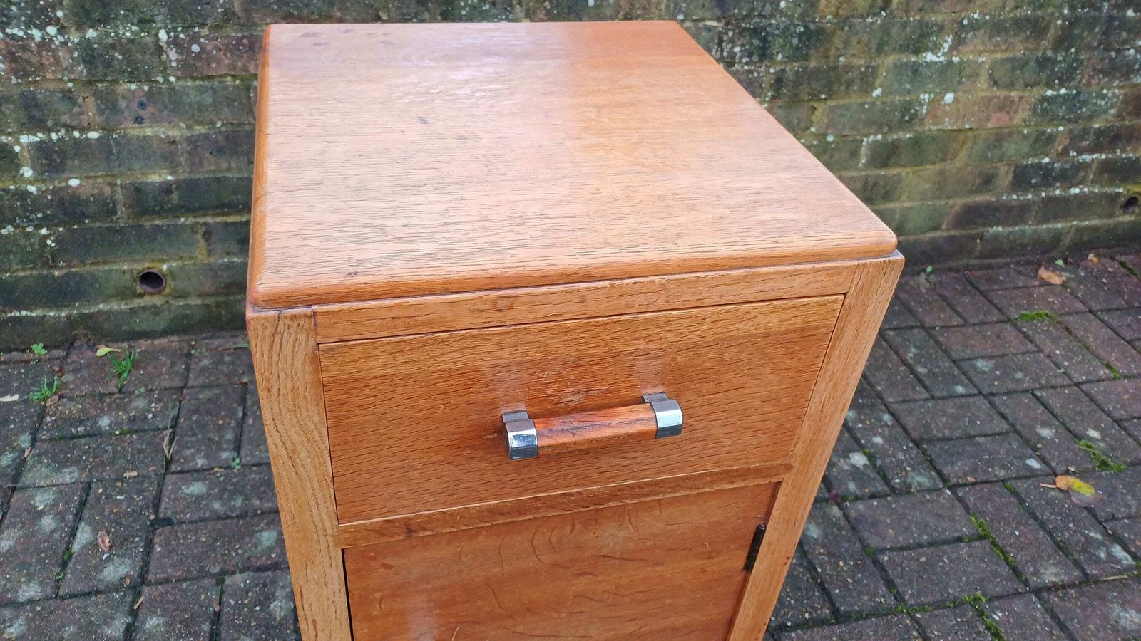 Vintage Retro Oak And Chrome Bedside Cupboard. photo vinterior