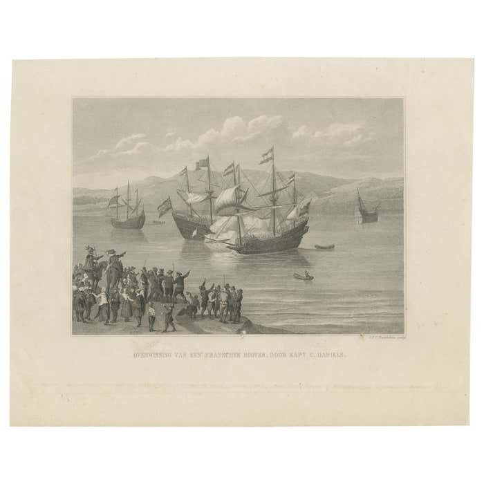 Antique Print Of The Conquest Of Captain Cornelis Daniels, C.1860