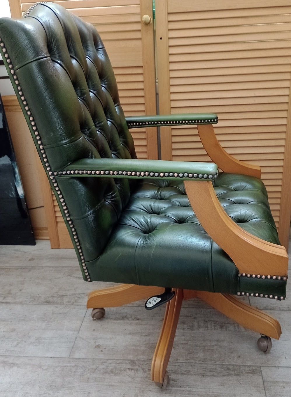 Vintage Green Leather Chesterfield Director, Captain Armchair photo for sale