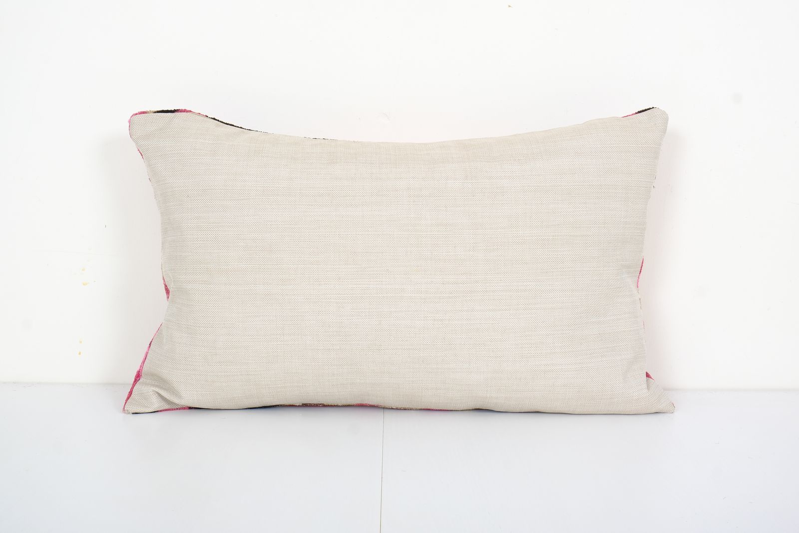 Silk Ikat Velvet Pillow With Pink Details, Handmade Velvet Lumbar Pillowcase, Vintage Uzbek Oblong Decorative Cushion photo Textiles