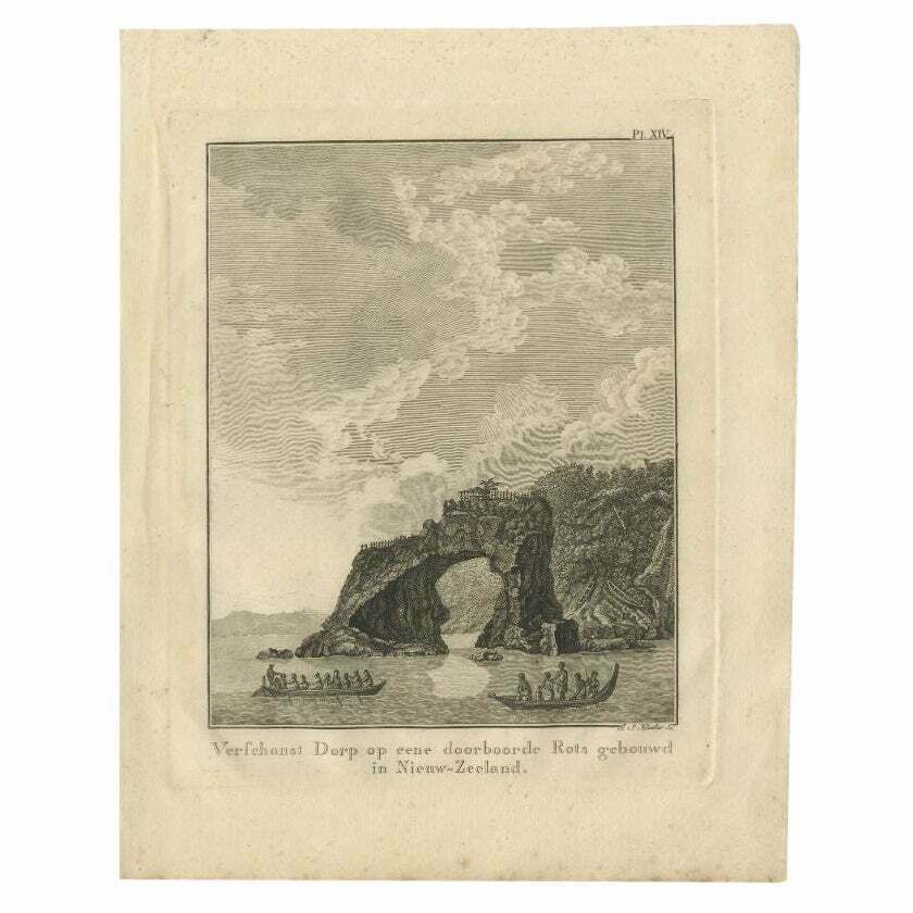Antique Print Of A New Zealand Village Located On A Rock By Captain Cook, 1803