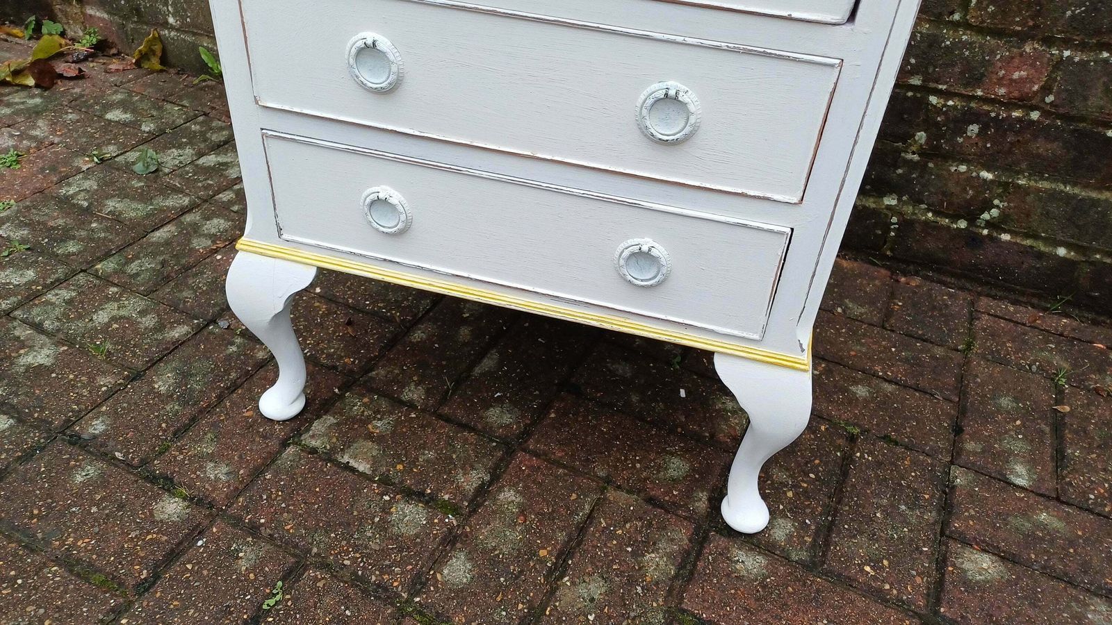 Vintage Painted Bedside Or Occasional Chest Of Drawers Table In Farrow And Ball White Gold Highlights. photo buy