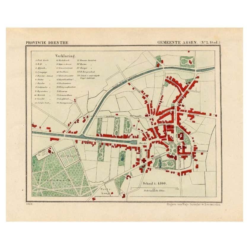 Antique Map Of The City Of Assen In The Netherlands, 1865