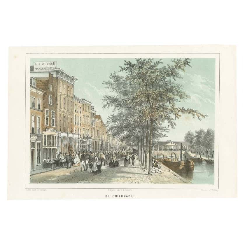 Antique Print Of The 'Botermarkt' Street In Leiden, The Netherlands, 1859