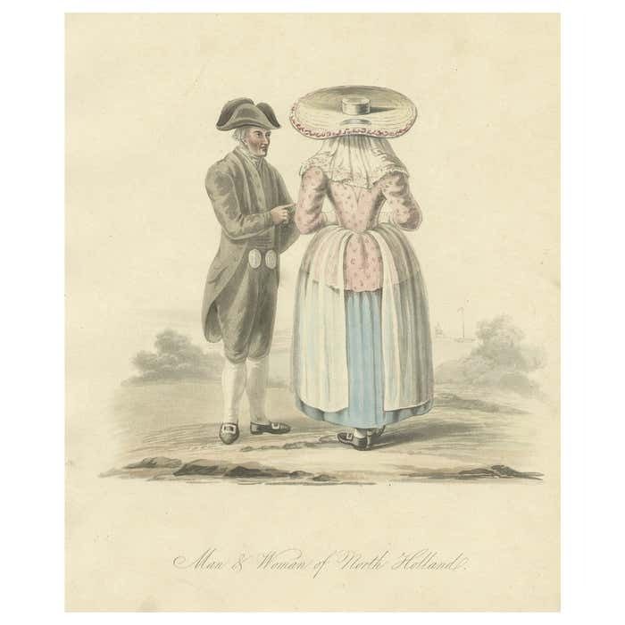 Antique Print Of A Man And Woman Of Noord Holland, The Netherlands, Circa 1817