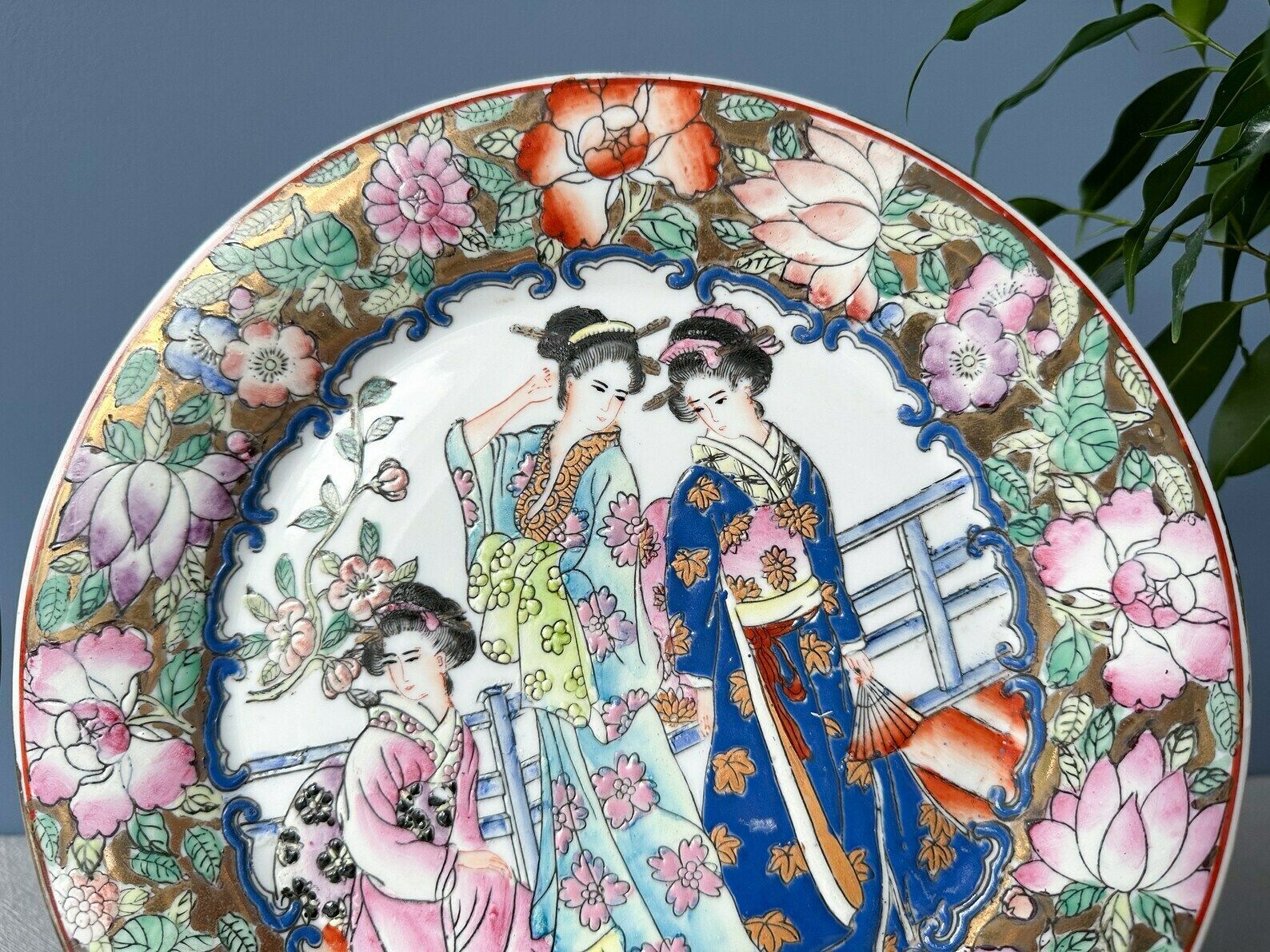 Vintage Pair Of Chinese Famille Rose Plates Mille Fleur Plates, Geisha Plates photo buy