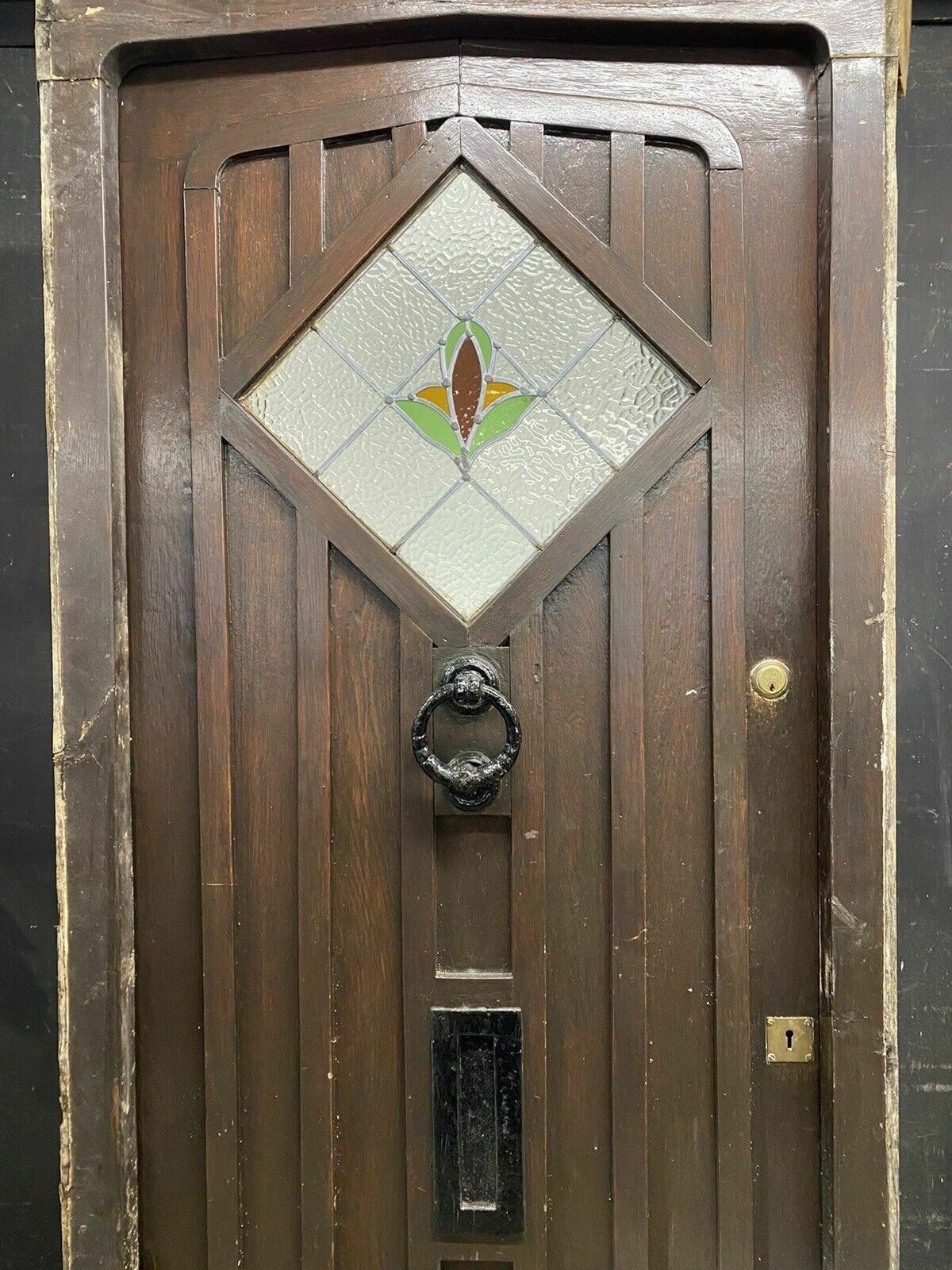 Solid Oak Stained Glass Front Door + Frame Antique Period Reclaimed Old Leaded photo for sale