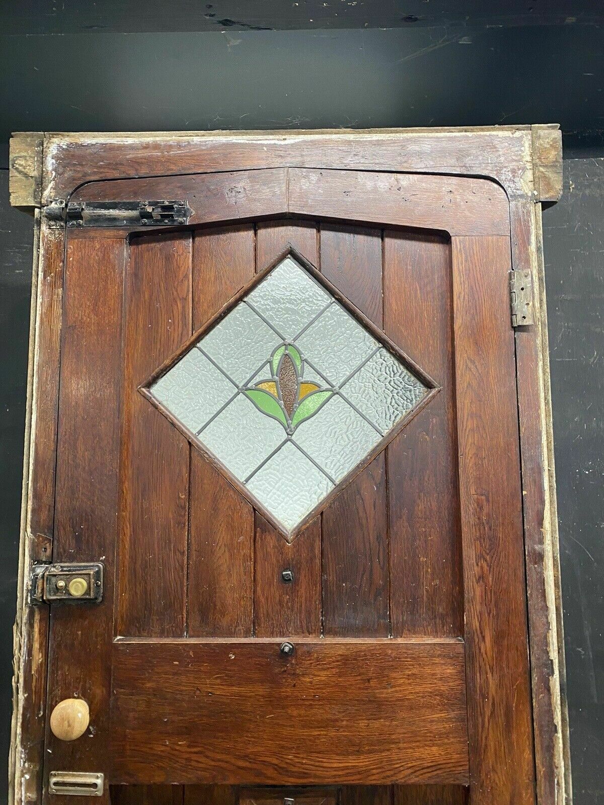 photo for sale Solid Oak Stained Glass Front Door + Frame Antique Period Reclaimed Old Leaded