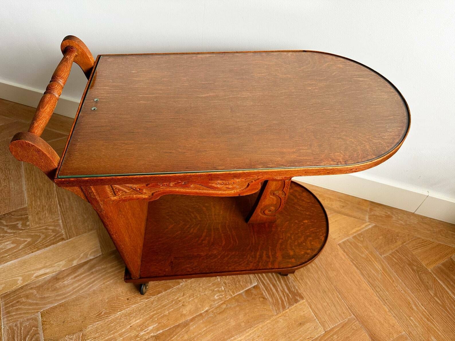 Vintage Mid Century Serving Trolley, Carved Wood Side Table On Wheels, Midcentury Modern, Retro Wooden Tea Trolley, Drinks Serving Trolley photo buy