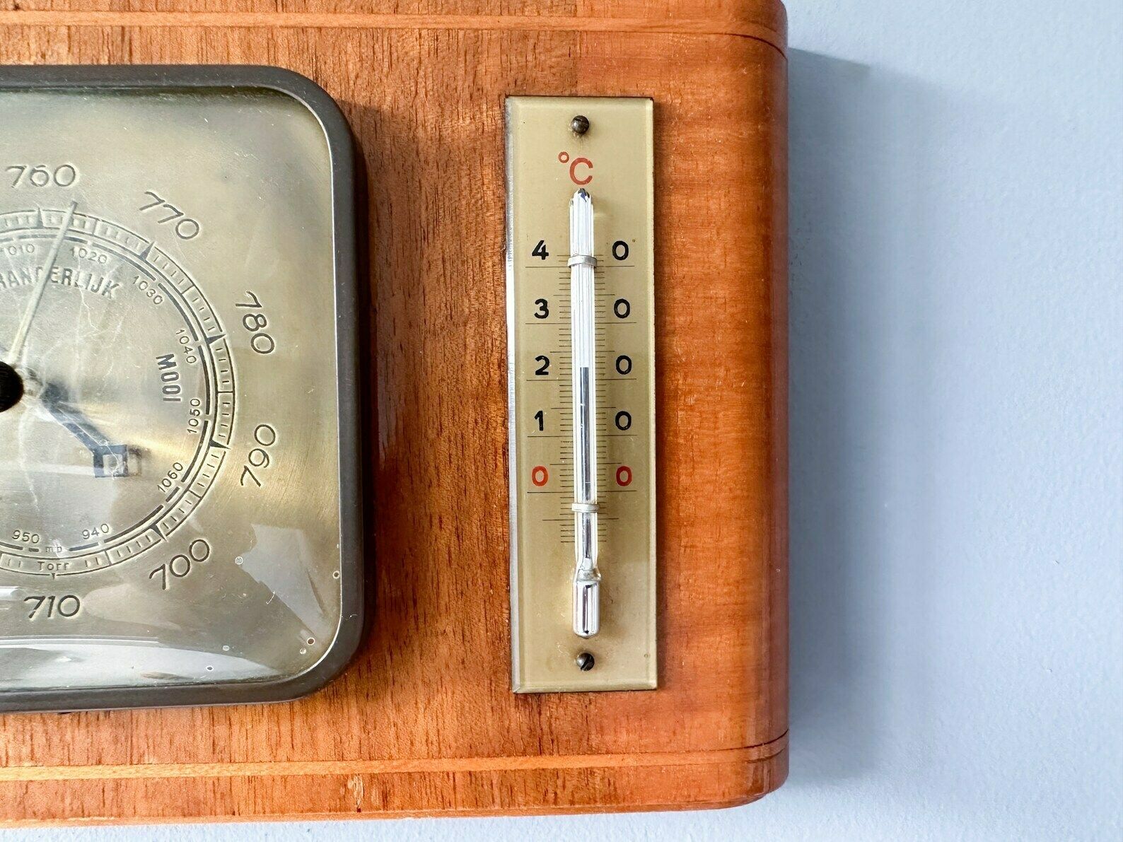 Vintage Wooden Art Deco Weather Station, Barometer With Thermometer, Dutch Barometer photo Home Decor