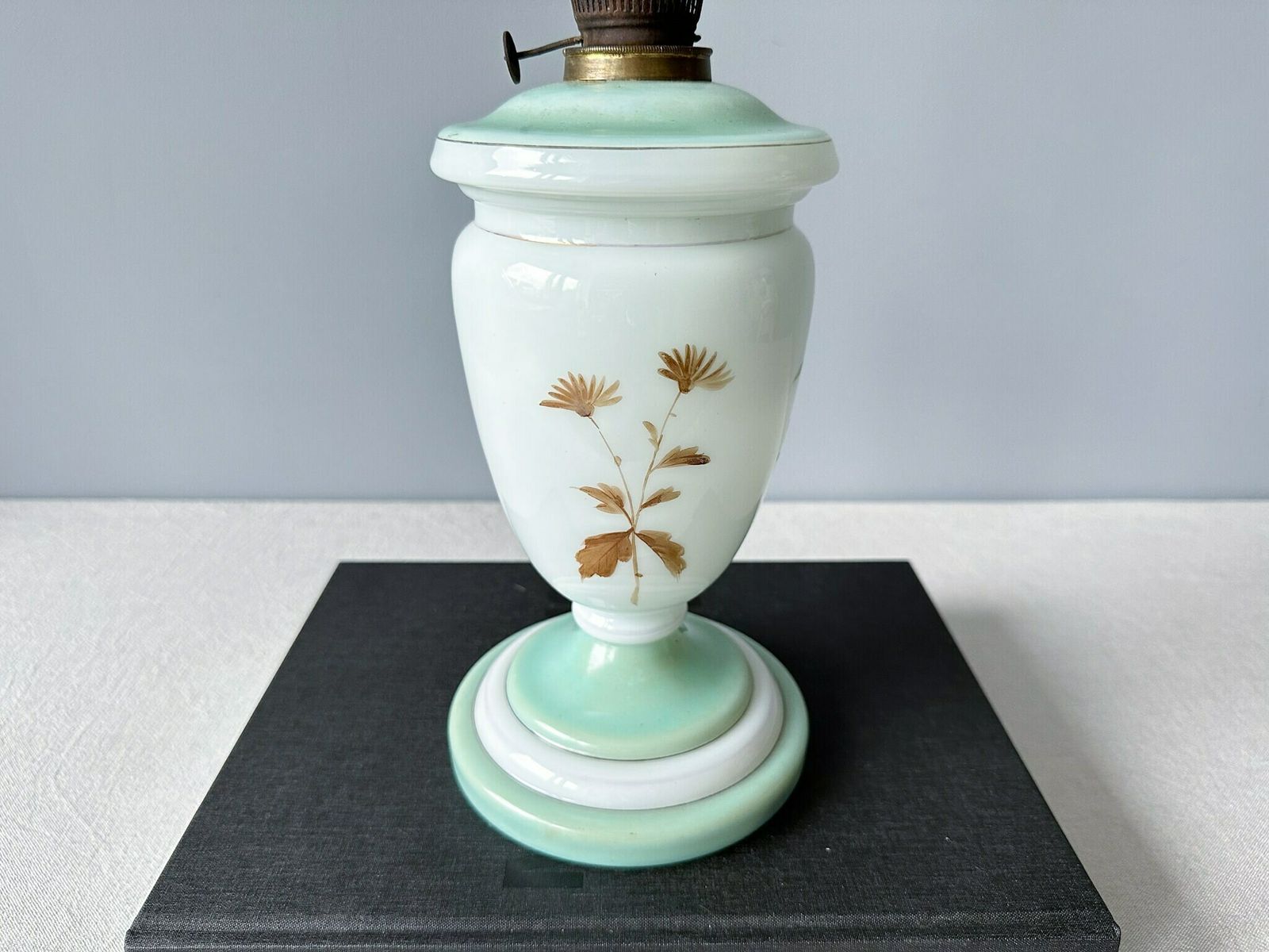 Antique Oil Lamp, Opaline Glass Hand Painted Oil Lamp, Holland, Oil Lamp Flower Decor photo vinterior