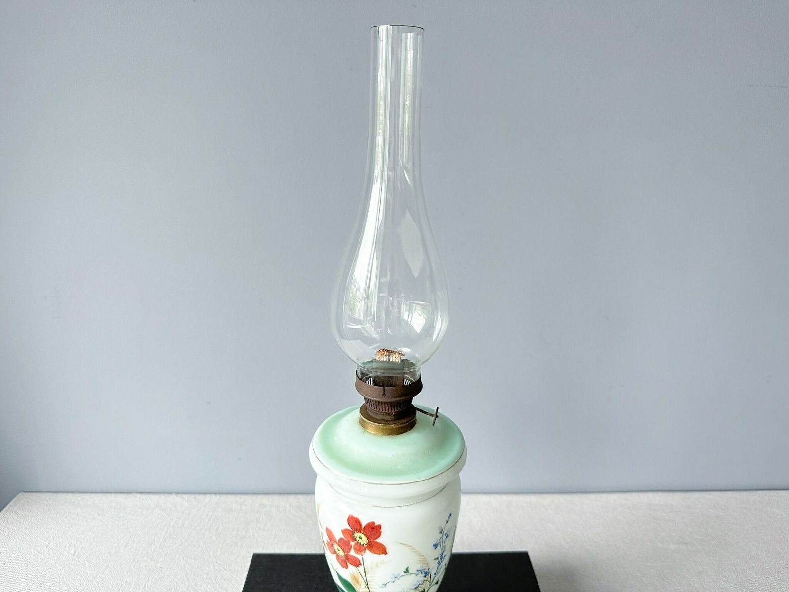 Antique Oil Lamp, Opaline Glass Hand Painted Oil Lamp, Holland, Oil Lamp Flower Decor photo vintage