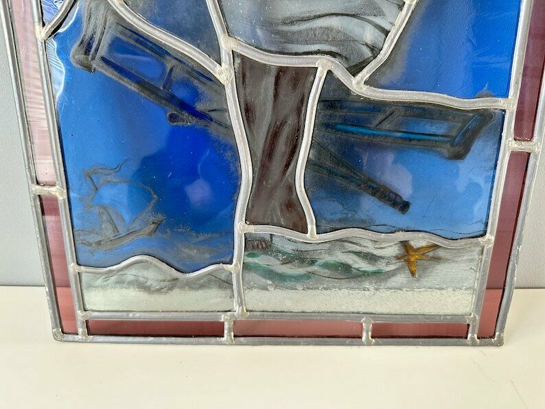 Vintage Stained Glass Sun Catcher, Vintage Suncatcher, Stained Glass Window Hanging 18"X12" photo for sale