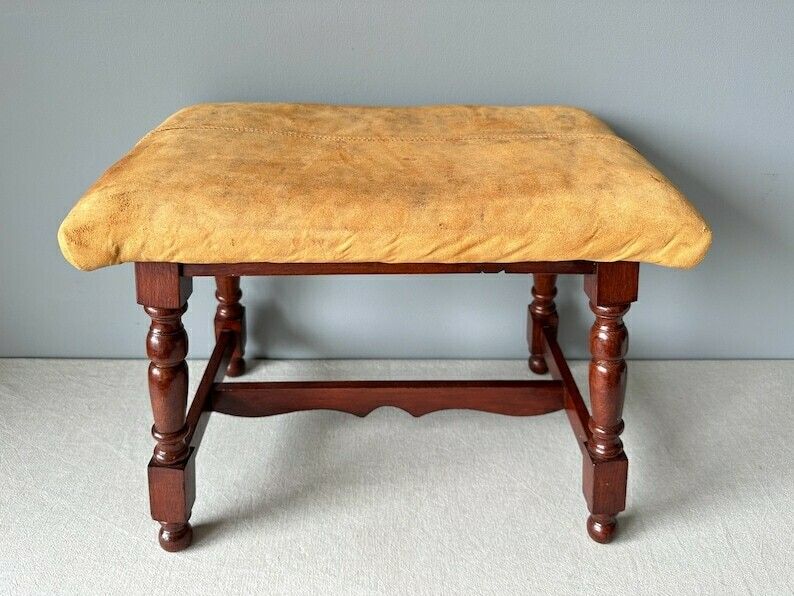 Vintage Dutch Carved Wood Stool With Leather Seat, Vintage Wooden Bench, Farmhouse Decor, Cottage Decor, Footstool photo vinterior