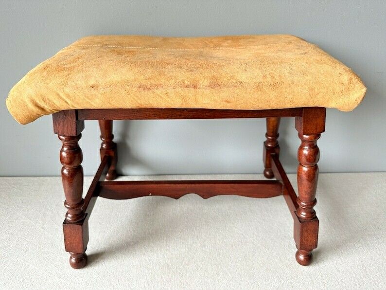 photo furniture Vintage Dutch Carved Wood Stool With Leather Seat, Vintage Wooden Bench, Farmhouse Decor, Cottage Decor, Footstool