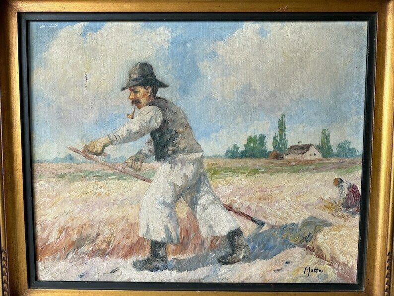 Vintage Original Oil Painting, Belgian School, Hay Harvest, 19" X 23" photo for sale