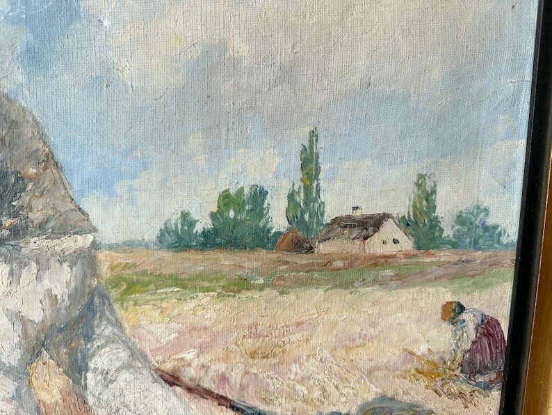 Vintage Original Oil Painting, Belgian School, Hay Harvest, 19" X 23" photo buy