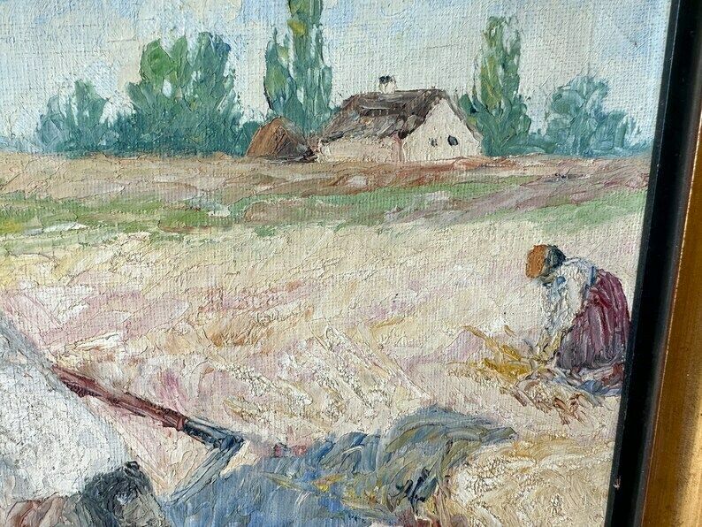 photo furniture Vintage Original Oil Painting, Belgian School, Hay Harvest, 19" X 23"