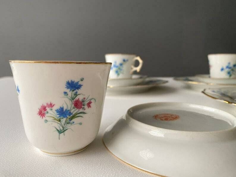Antique French Set Of 3 Coffee Cup Trio   Mace   1860s   Porcelain Tea Trio photo vintage