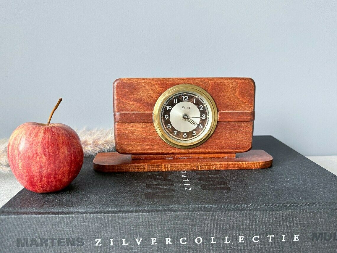 Vintage Wooden Desk Alarm Clock Record, Retro Mid Century Decor, Vintage Decor, Wind Up Clock photo vintage