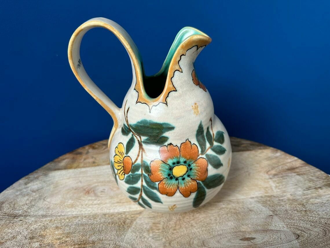Vintage Hand Painted Matte Glaze Jug/Pitcher Vase By Pzh   Plateelbakkerij Zuid Holland, Art Nouveau Gouda Vase photo Home Decor