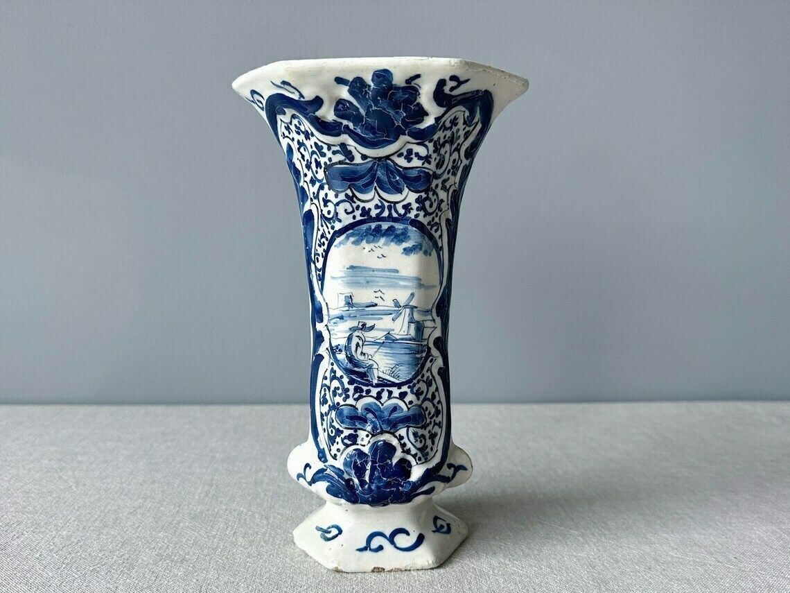 Antique Rare 18th Century Delft Blue Floral Tin Glazed Vase By De Drie Klokken (Three Bells), Collector's Item, Antique Delft Blue photo buy