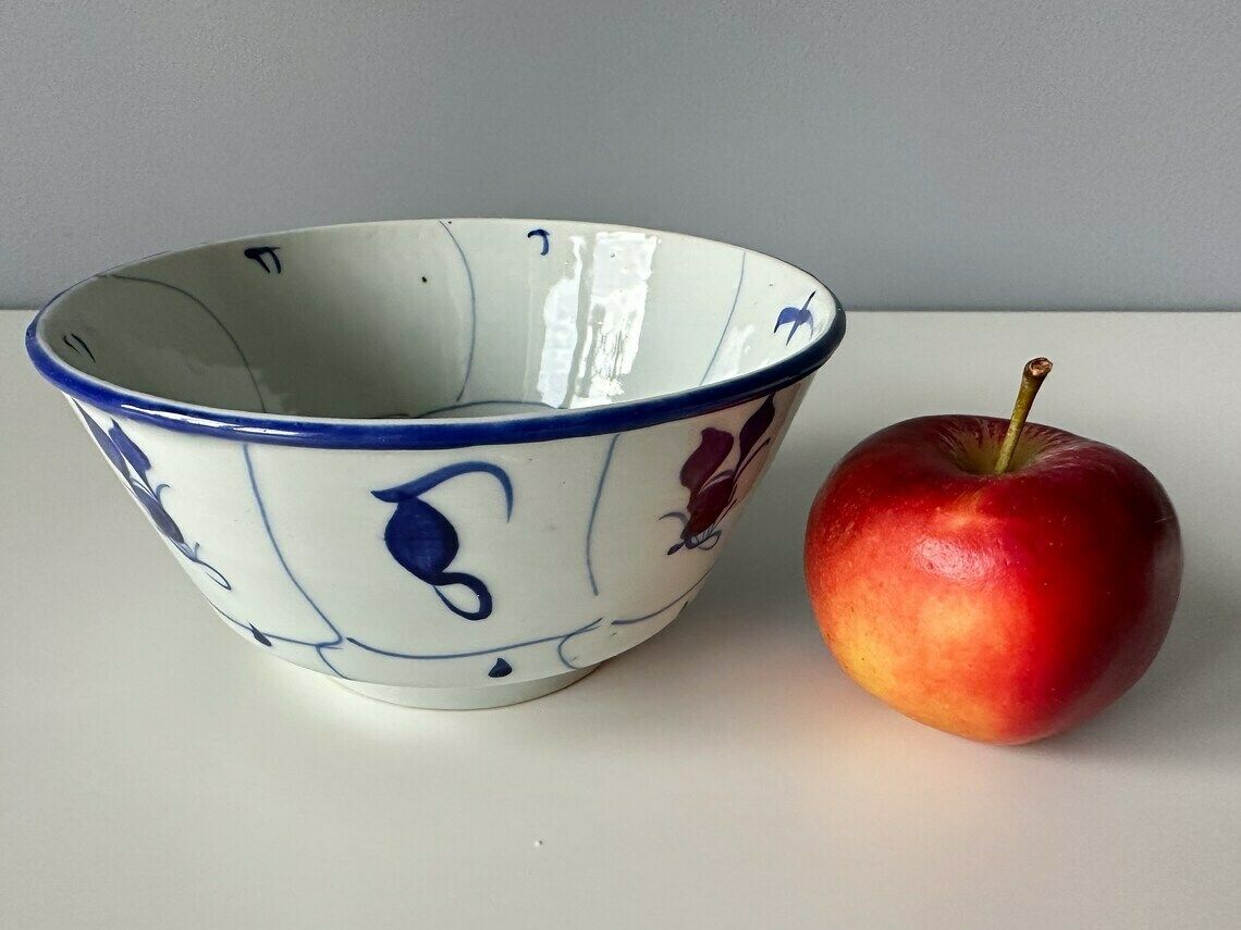Vintage Chinese Porcelain Bowl, Hand Painted Blue And White Bowl, Chinese Lotus Bowl, Small Lotus Dish photo for sale