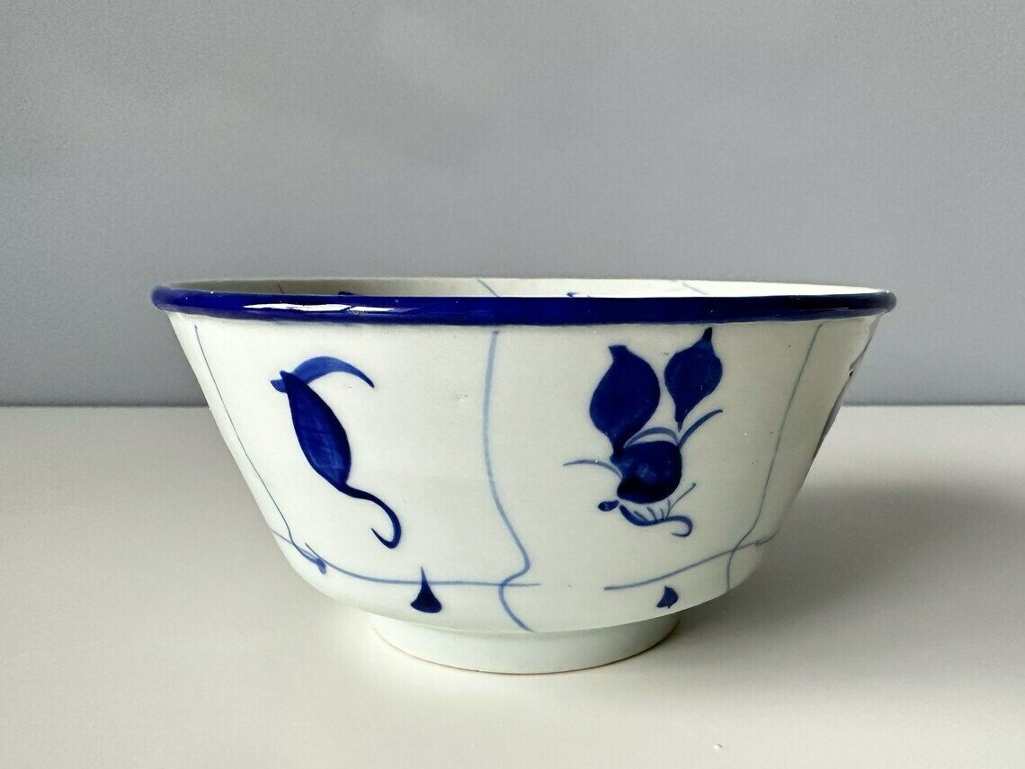 Vintage Chinese Porcelain Bowl, Hand Painted Blue And White Bowl, Chinese Lotus Bowl, Small Lotus Dish photo 75.0