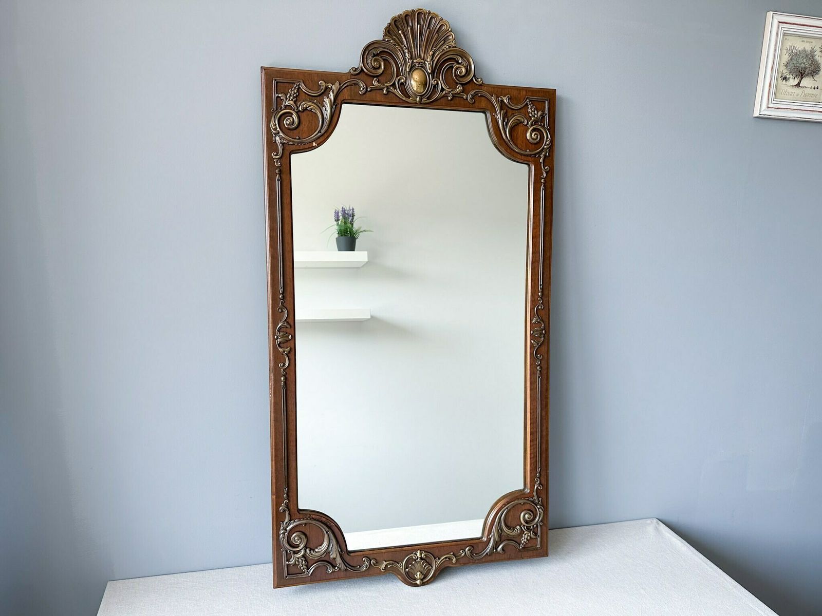 Antique Italian Wooden Mirror With Brass Decor, Large Wall Hanging Gold Mirror, Ornate Mirror, 42" X 21.55"