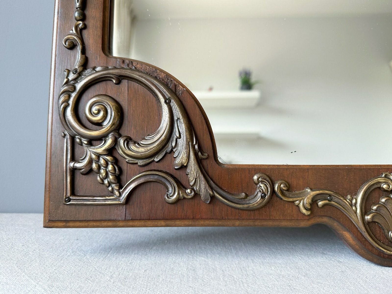 Antique Italian Wooden Mirror With Brass Decor, Large Wall Hanging Gold Mirror, Ornate Mirror, 42" X 21.55" photo for sale