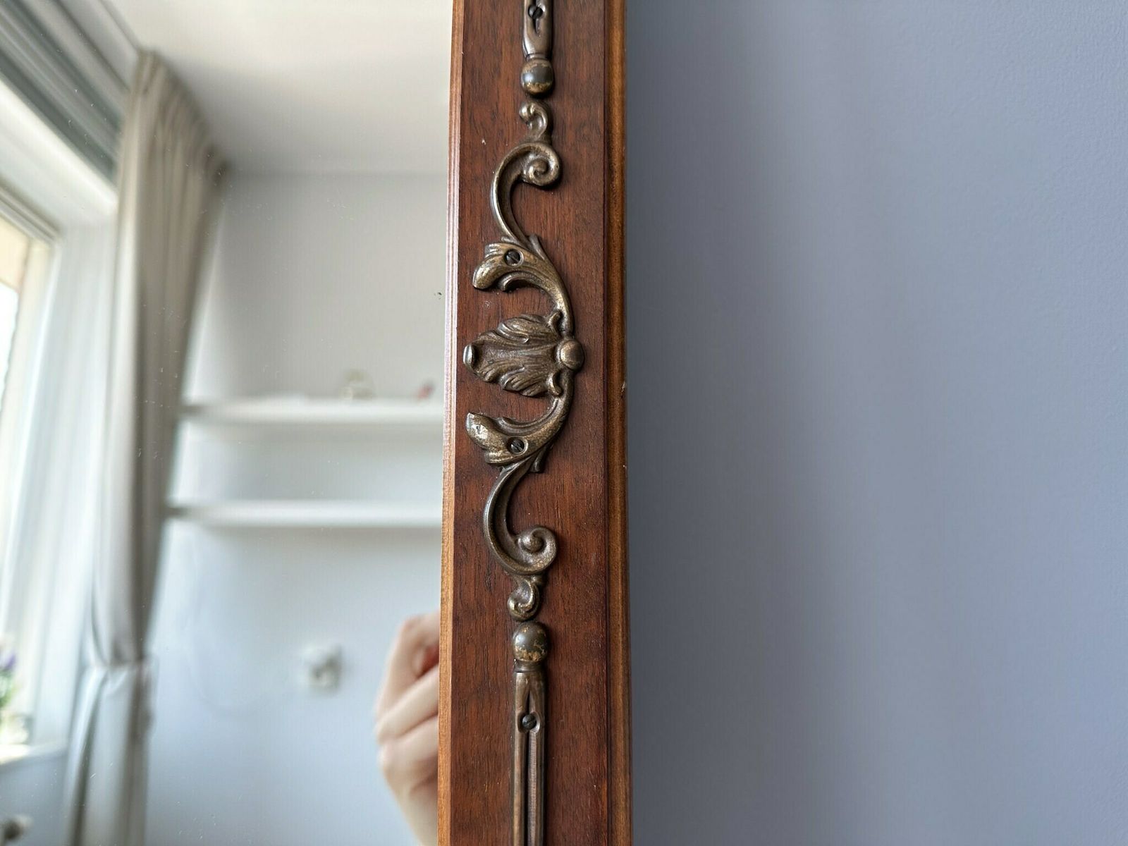 Antique Italian Wooden Mirror With Brass Decor, Large Wall Hanging Gold Mirror, Ornate Mirror, 42" X 21.55" photo 443.0