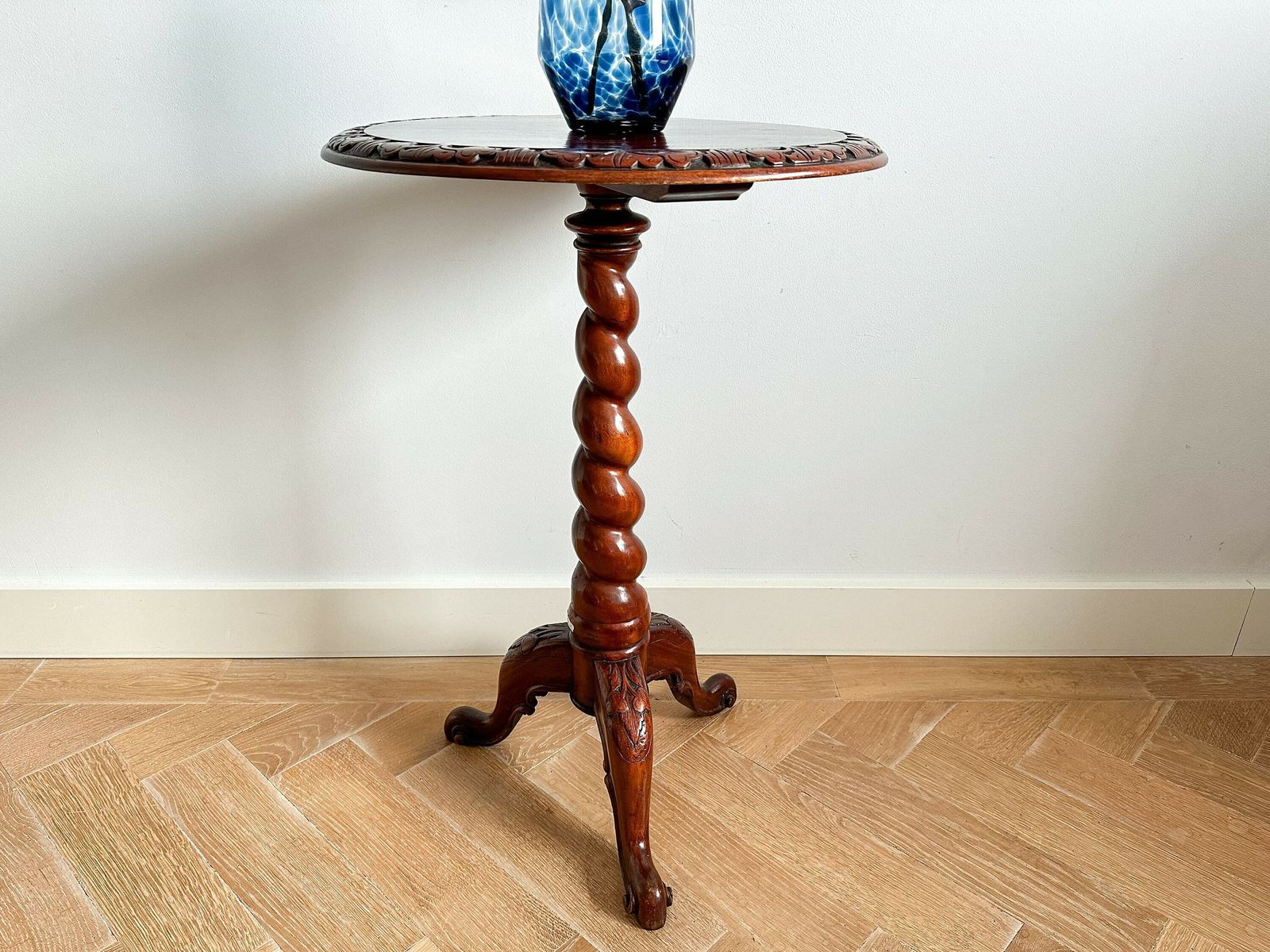 Vintage Mahogany Barley Twist Coffee Table With Carved Decor, Barley Twist Wine Table, Occasional Table
