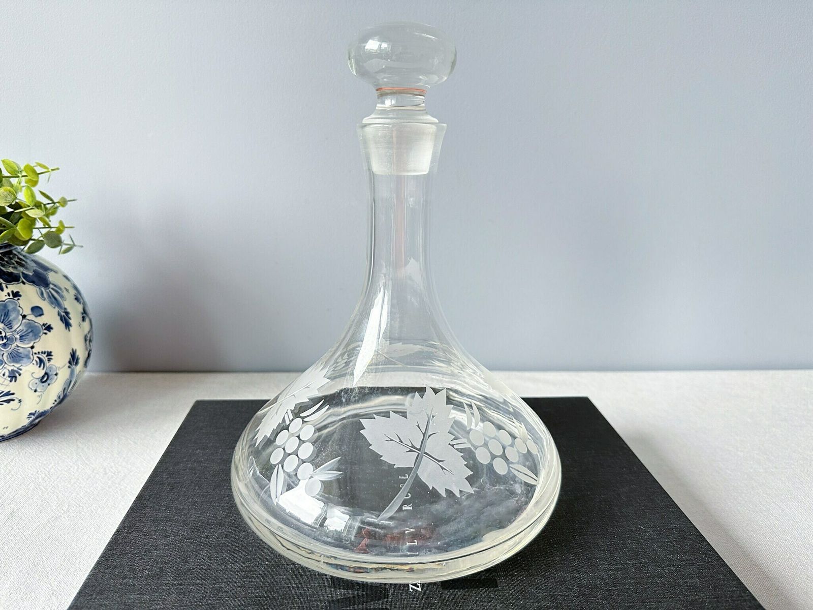 Vintage Glass Wine Decanter, Mid Century Glass Decanter, Grapes And Leaves Decor