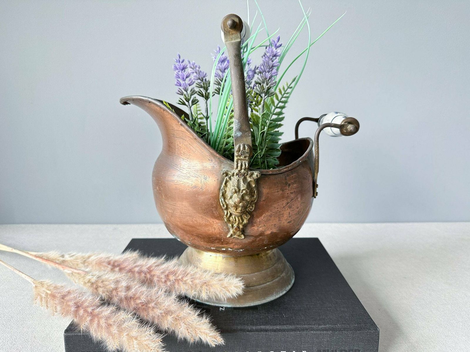Antique Dutch Brass Coal Bucket With Delft Blue Handle, Brass Antique Coal Scuttle, Antique Brass Fireplace Decor, Fireplace Accessory photo furniture
