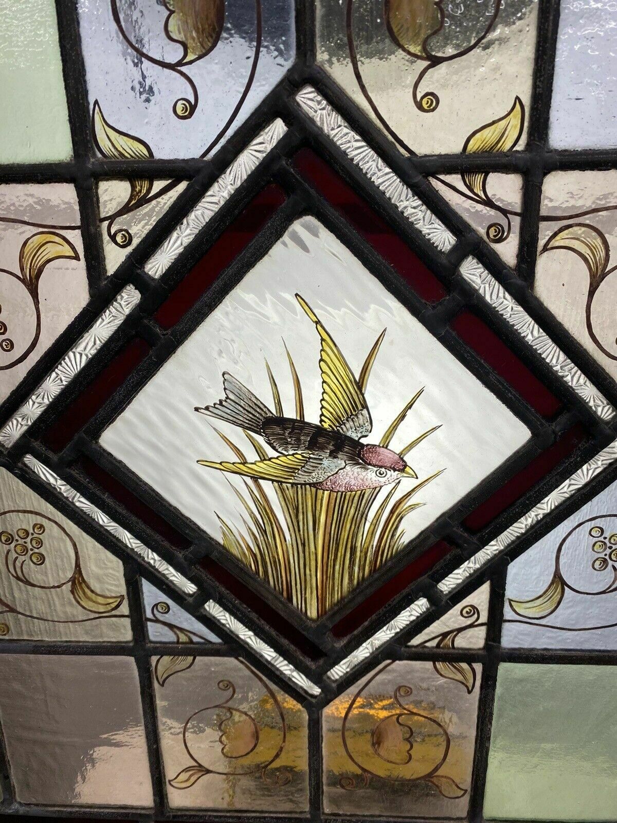 Victorian Stained Glass Hand Painted Rare Window Panel Old Restored Antique Lead photo vinterior