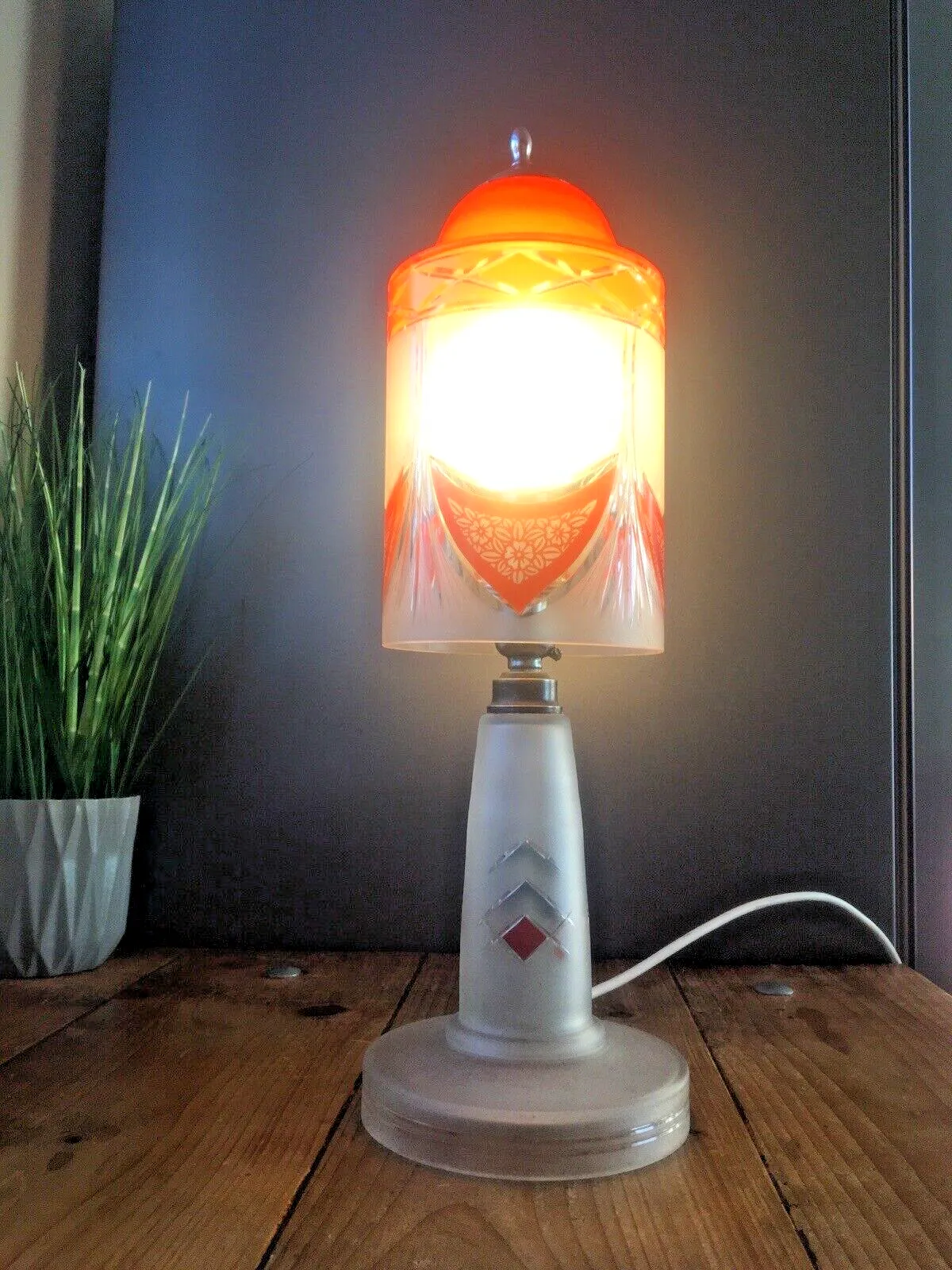 Art Deco 1930s Orange Frosted Geometric Etched Glass Lamp Base And Light Shade photo furniture