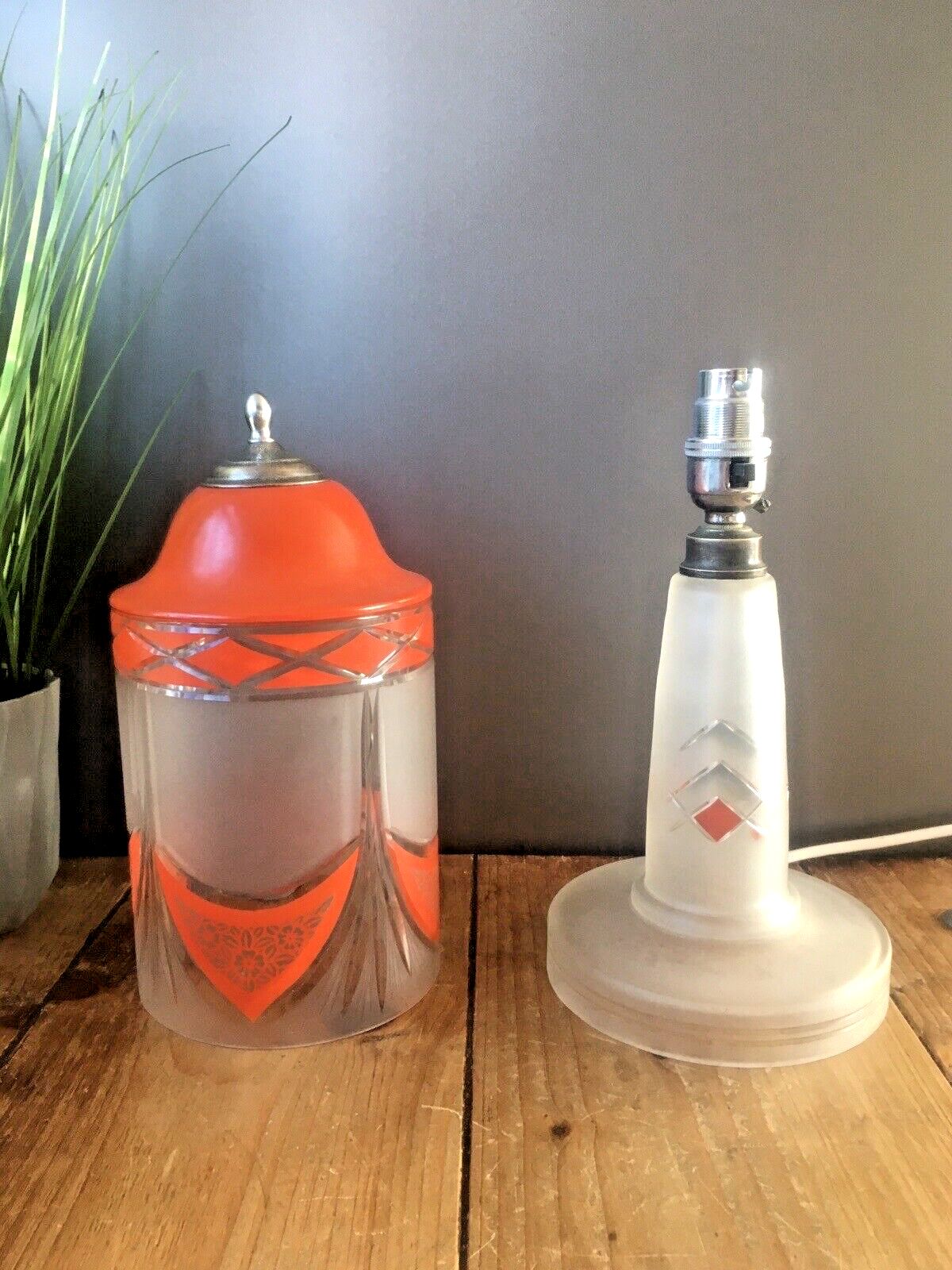 Art Deco 1930s Orange Frosted Geometric Etched Glass Lamp Base And Light Shade photo for sale