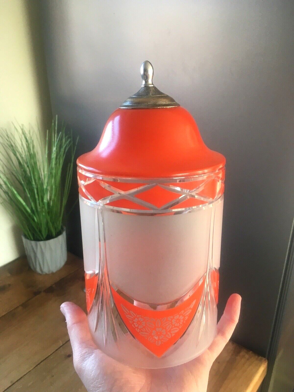 Art Deco 1930s Orange Frosted Geometric Etched Glass Lamp Base And Light Shade photo 400.0