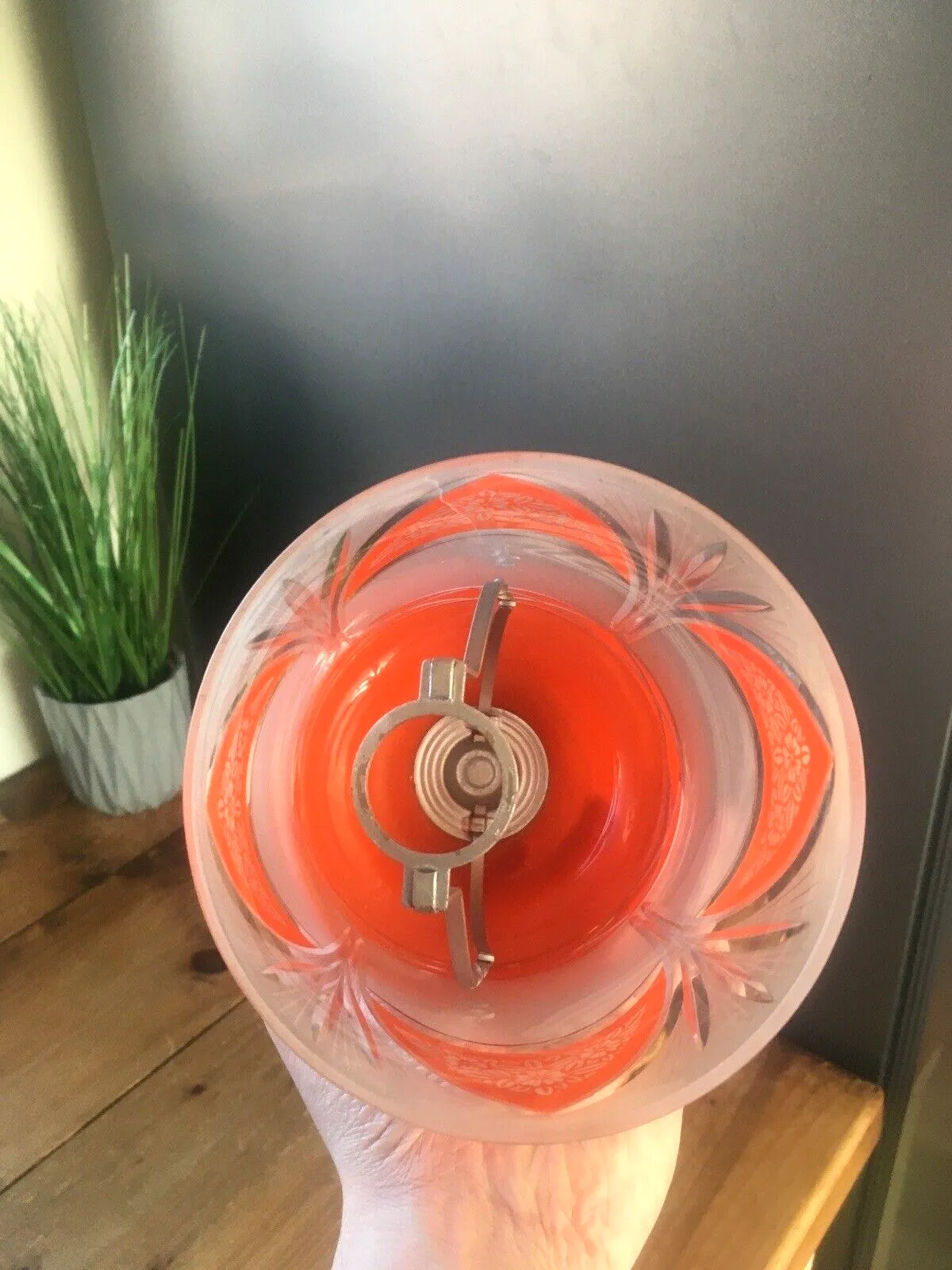 Art Deco 1930s Orange Frosted Geometric Etched Glass Lamp Base And Light Shade photo vinterior