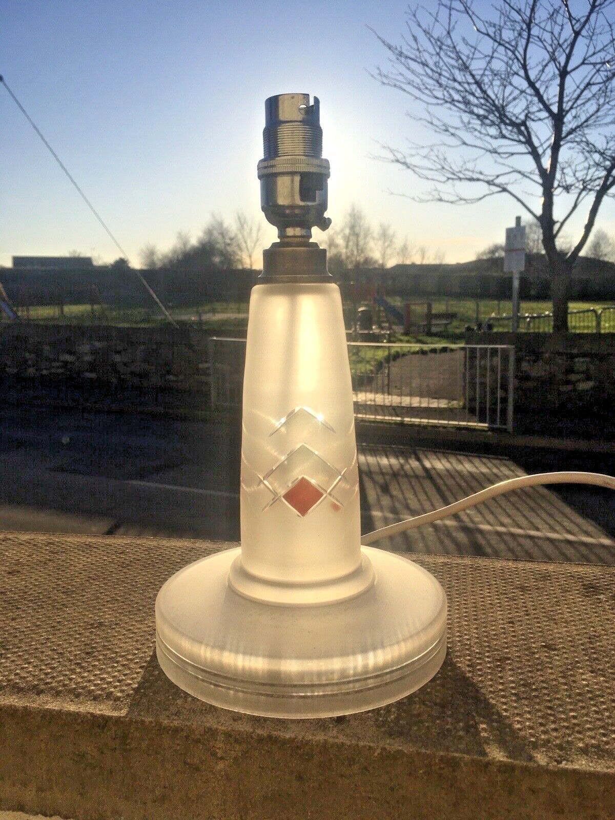 photo furniture Art Deco 1930s Orange Frosted Geometric Etched Glass Lamp Base And Light Shade