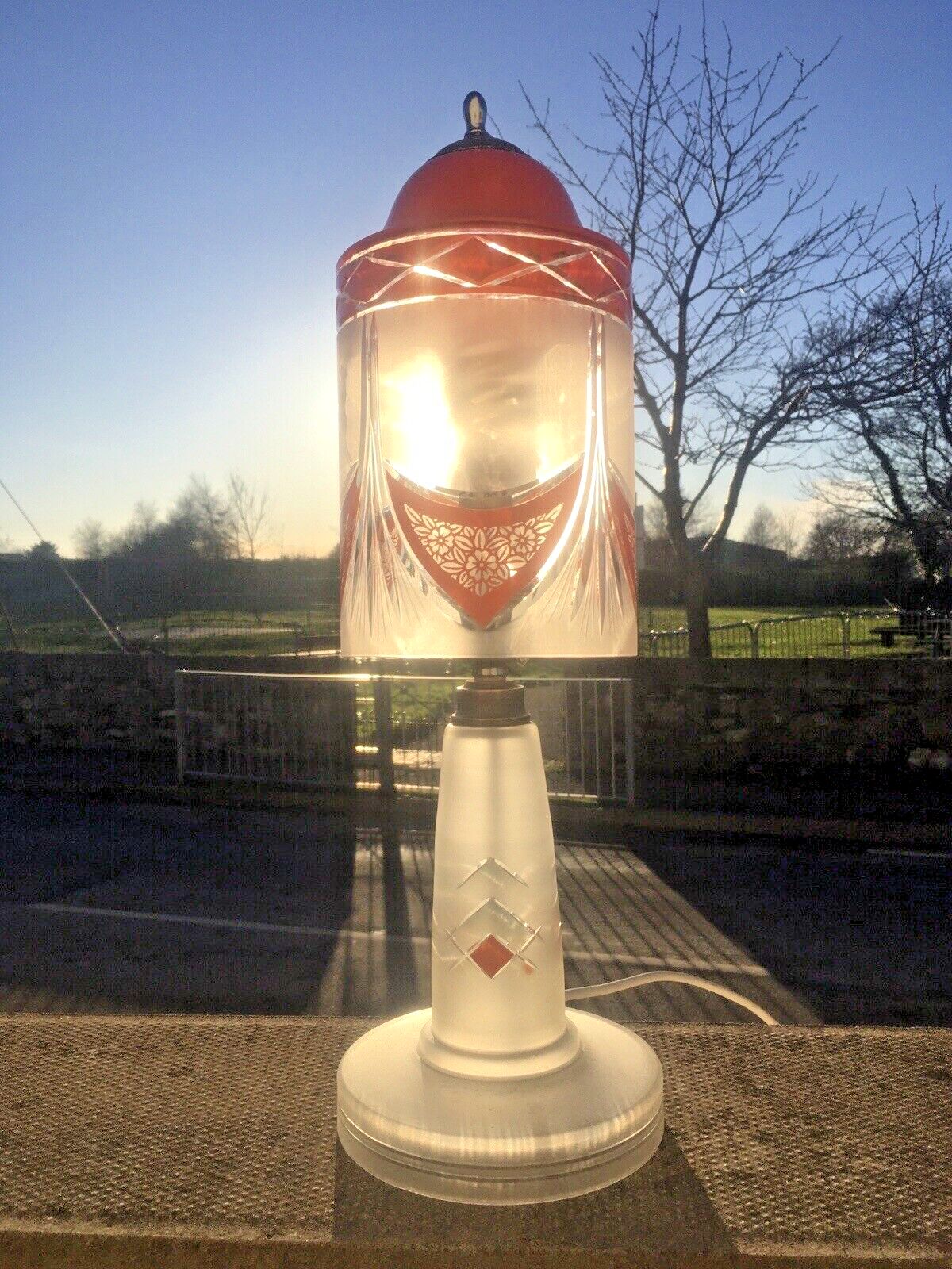 photo for sale Art Deco 1930s Orange Frosted Geometric Etched Glass Lamp Base And Light Shade