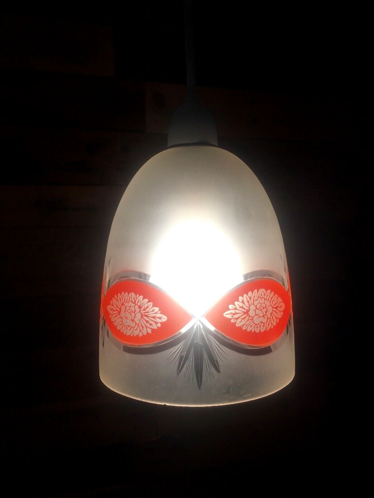 Superb Art Deco 1930's Orange Frosted Geometric Etched Glass Floral Lamp Shade