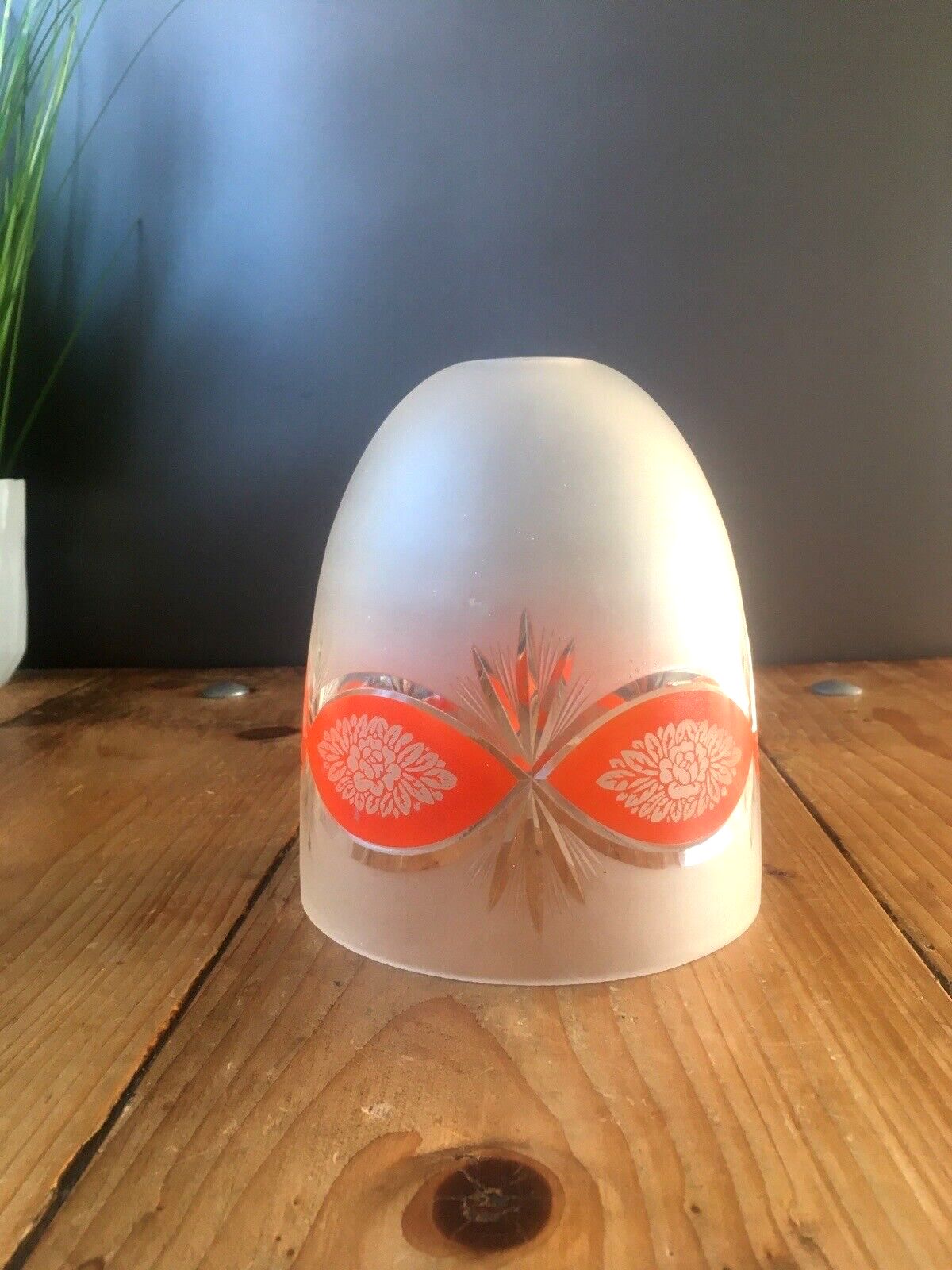 Superb Art Deco 1930's Orange Frosted Geometric Etched Glass Floral Lamp Shade photo furniture