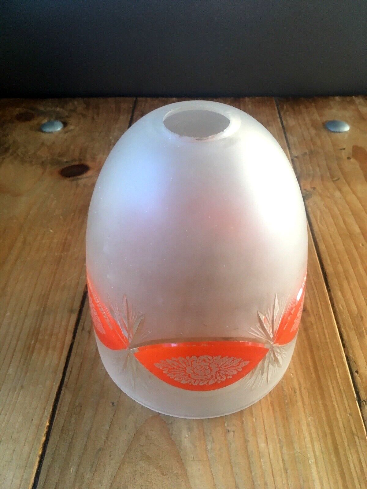 Superb Art Deco 1930's Orange Frosted Geometric Etched Glass Floral Lamp Shade photo 85.0