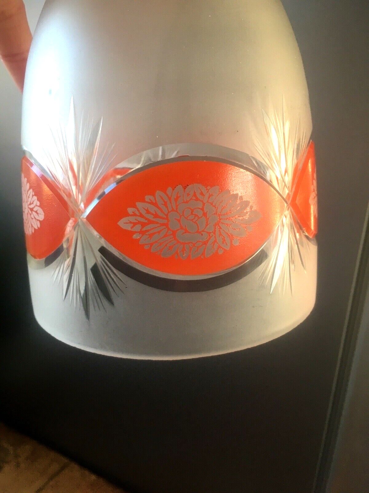 Superb Art Deco 1930's Orange Frosted Geometric Etched Glass Floral Lamp Shade photo buy
