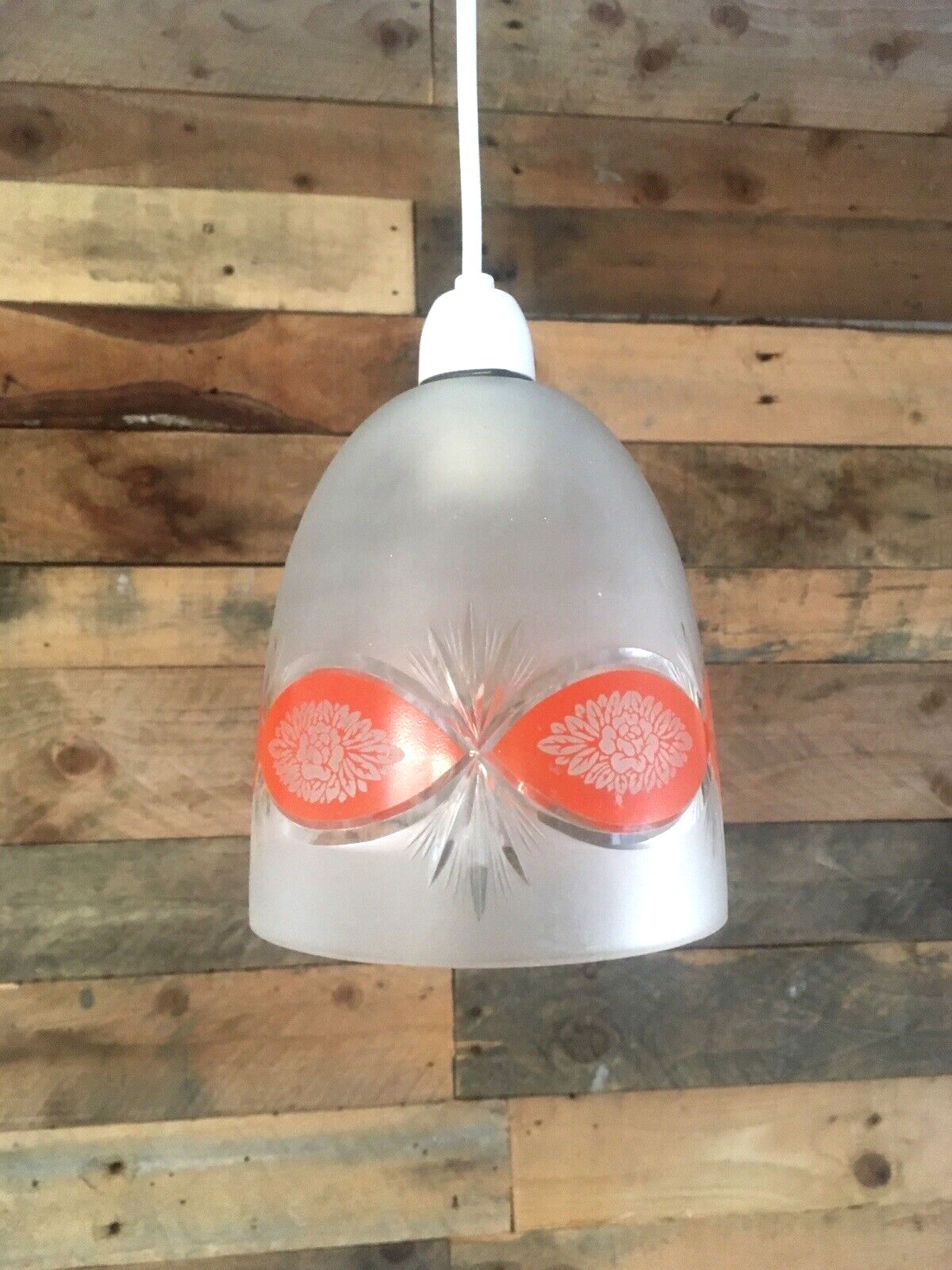 photo for sale Superb Art Deco 1930's Orange Frosted Geometric Etched Glass Floral Lamp Shade